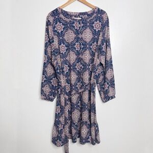 NWT Loft Button Front Collarless‎ Ruffle Hem Dress Navy/Purple Size 22 Casual